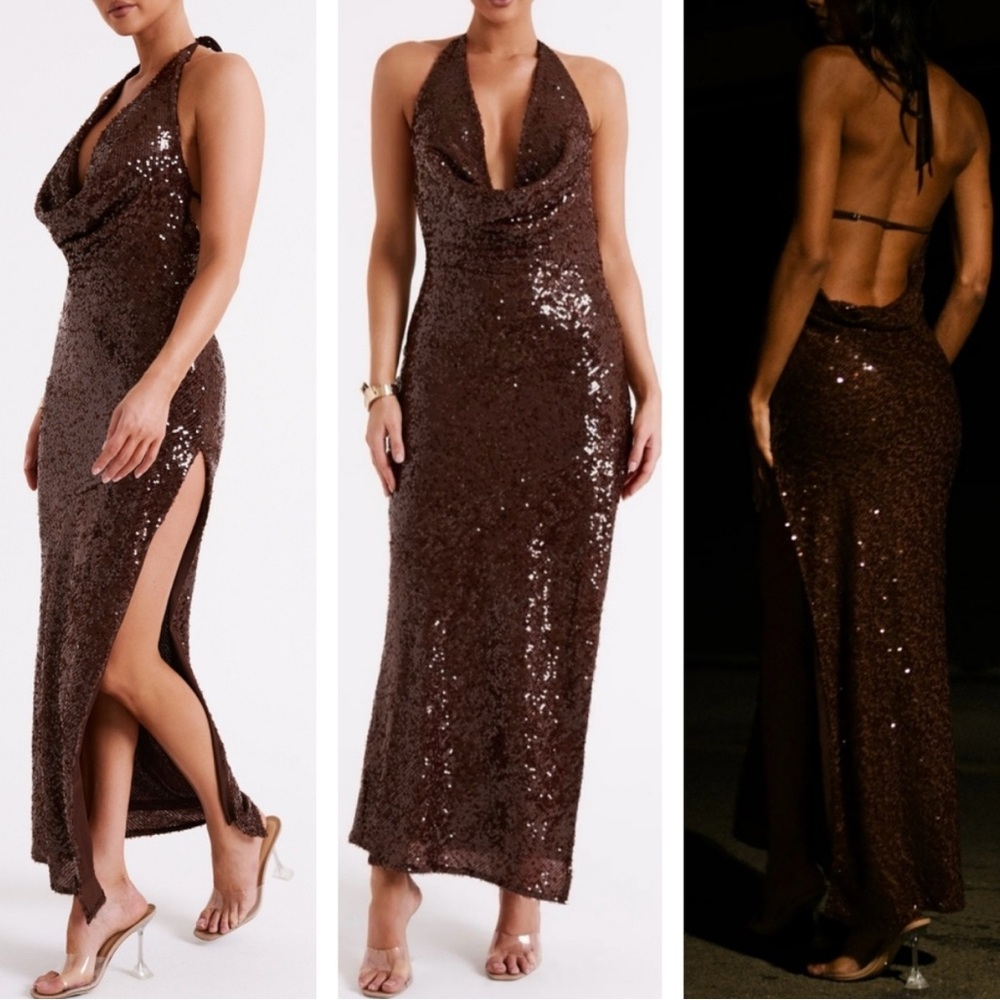 Meshki Backless Sequin Dress in Deep Brown - Picture 2 of 3